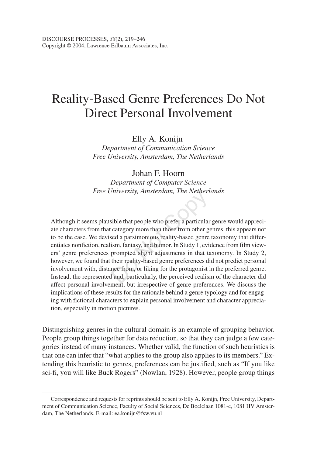 Reality-Based Genre Preferences Do Not Direct Personal Involvement