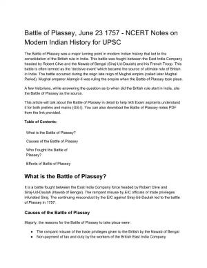 Battle of Plassey, June 23 1757 - NCERT Notes on Modern Indian History for UPSC