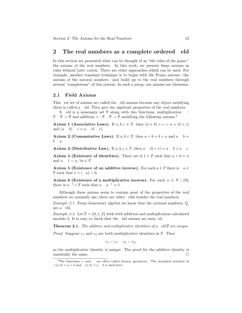 2 the Real Numbers As a Complete Ordered Field