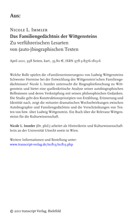 Nicole L. Immler Das Familiengedächtnis Der Wittgensteins Zu Verführerischen Lesarten Von (Auto-)Biographischen Texten