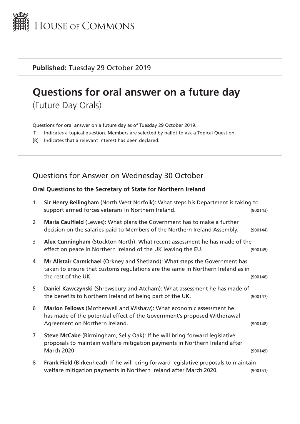 Future Oral Questions As of Tue 29 Oct 2019