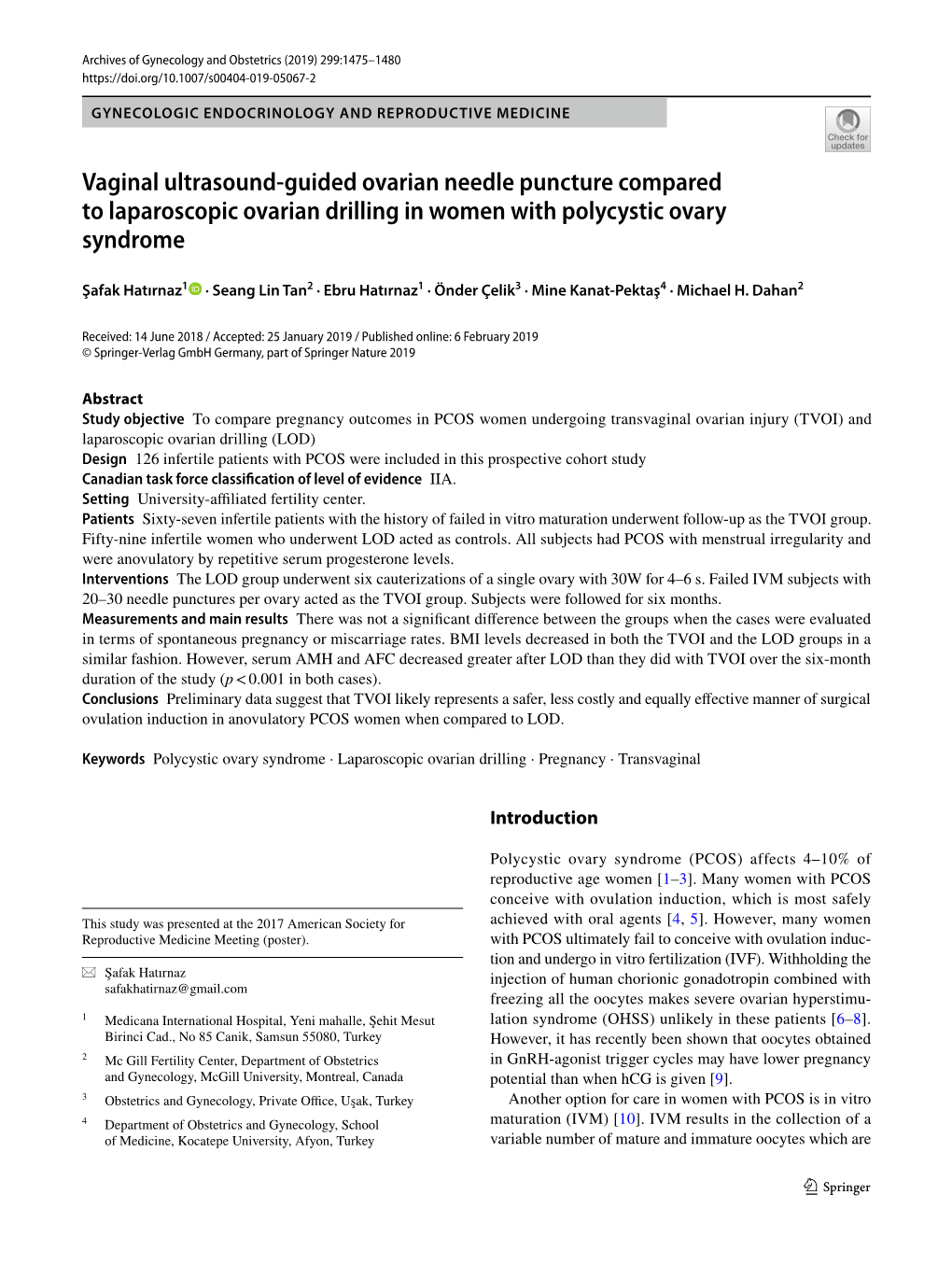 Vaginal Ultrasound-Guided Ovarian Needle Puncture Compared To