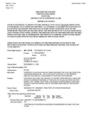 Preliminary Decree Whitewater Creek Basin 40K Abstract of Water Right Claim Important Notice Your Water Right As Shown on This A