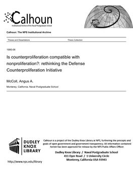 Is Counterproliferation Compatible with Nonproliferation?: Rethinking the Defense Counterproliferation Initiative