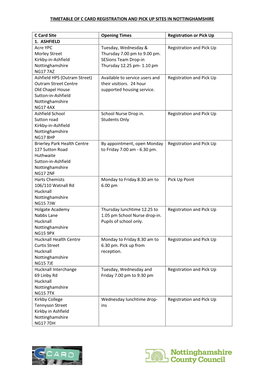 Timetable of C Card Registration and Pick up Sites in Nottinghamshire