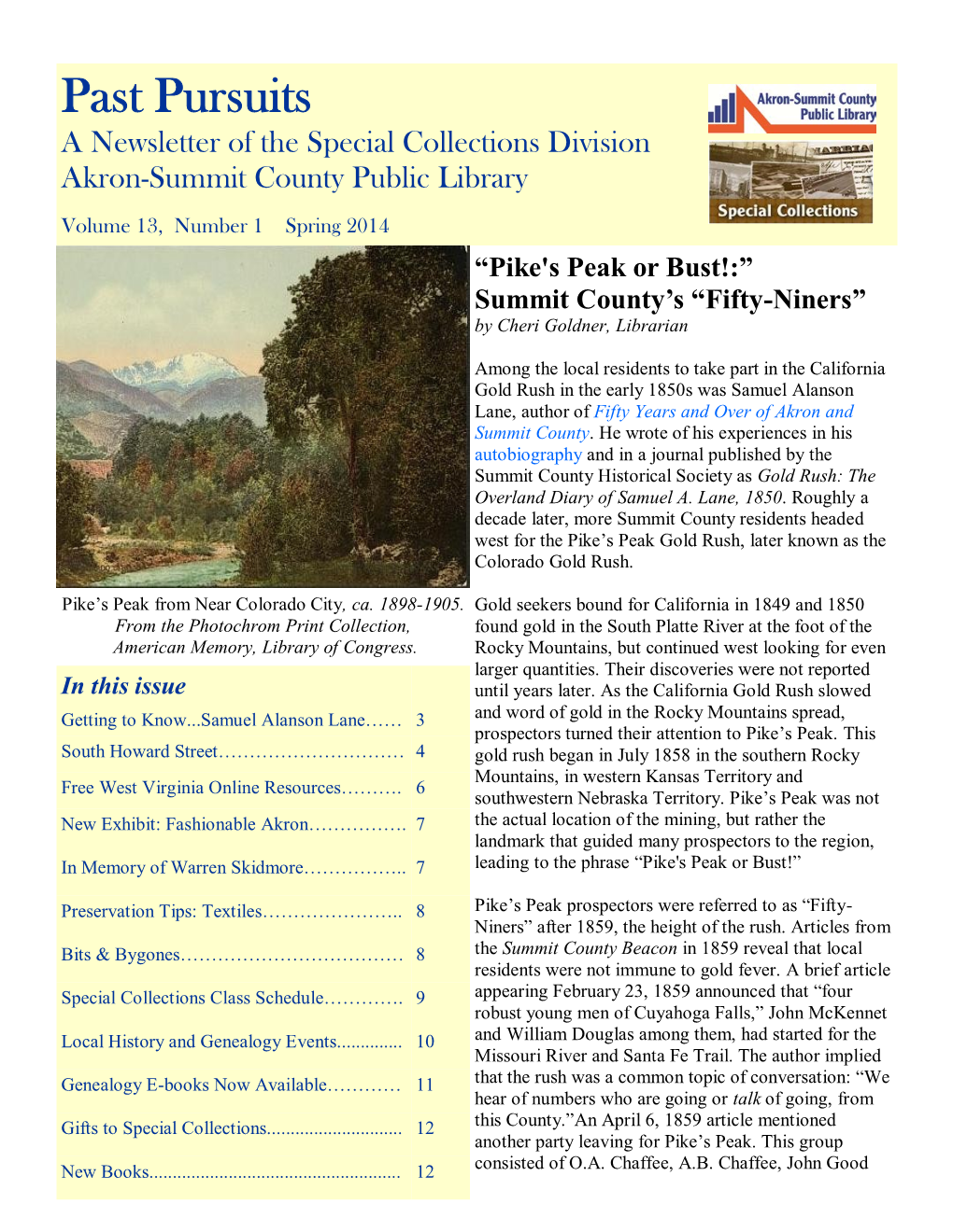 Past Pursuits a Newsletter of the Special Collections Division Akron-Summit County Public Library