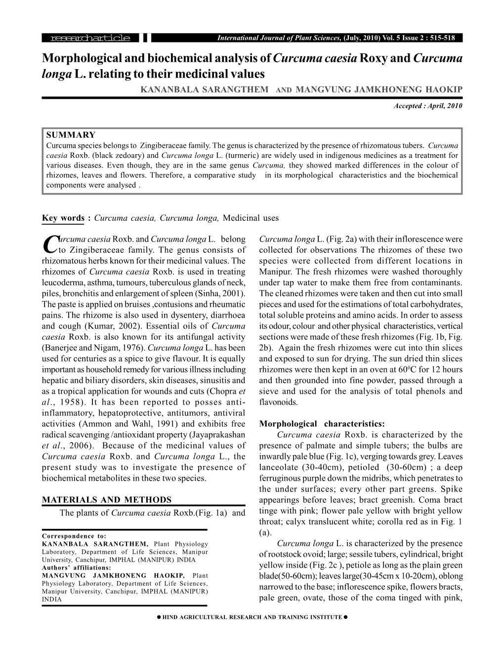 Morphological and Biochemical Analysis Ofcurcuma Caesiaroxy