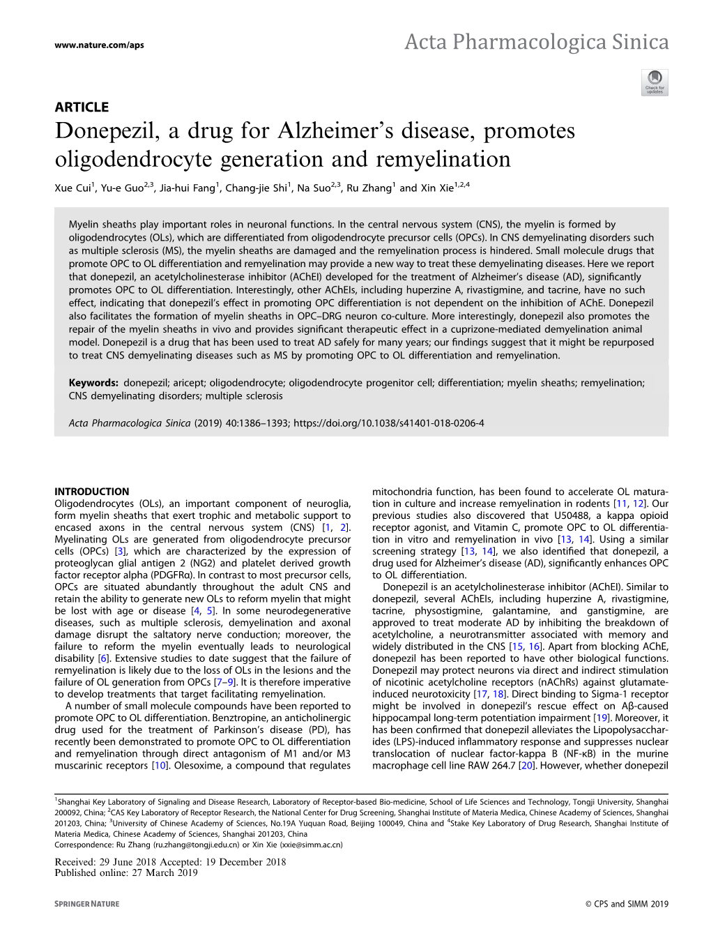 Donepezil, a Drug for Alzheimerâ€™S Disease, Promotes Oligodendrocyte