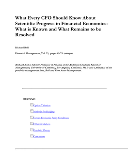 What Every CFO Should Know About Scientific Progress in Financial Economics: What Is Known and What Remains to Be Resolved