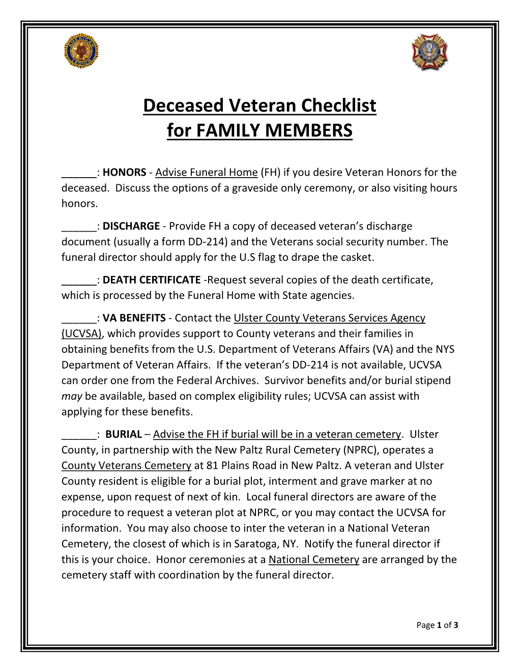 Deceased Veteran Checklist for FAMILY MEMBERS