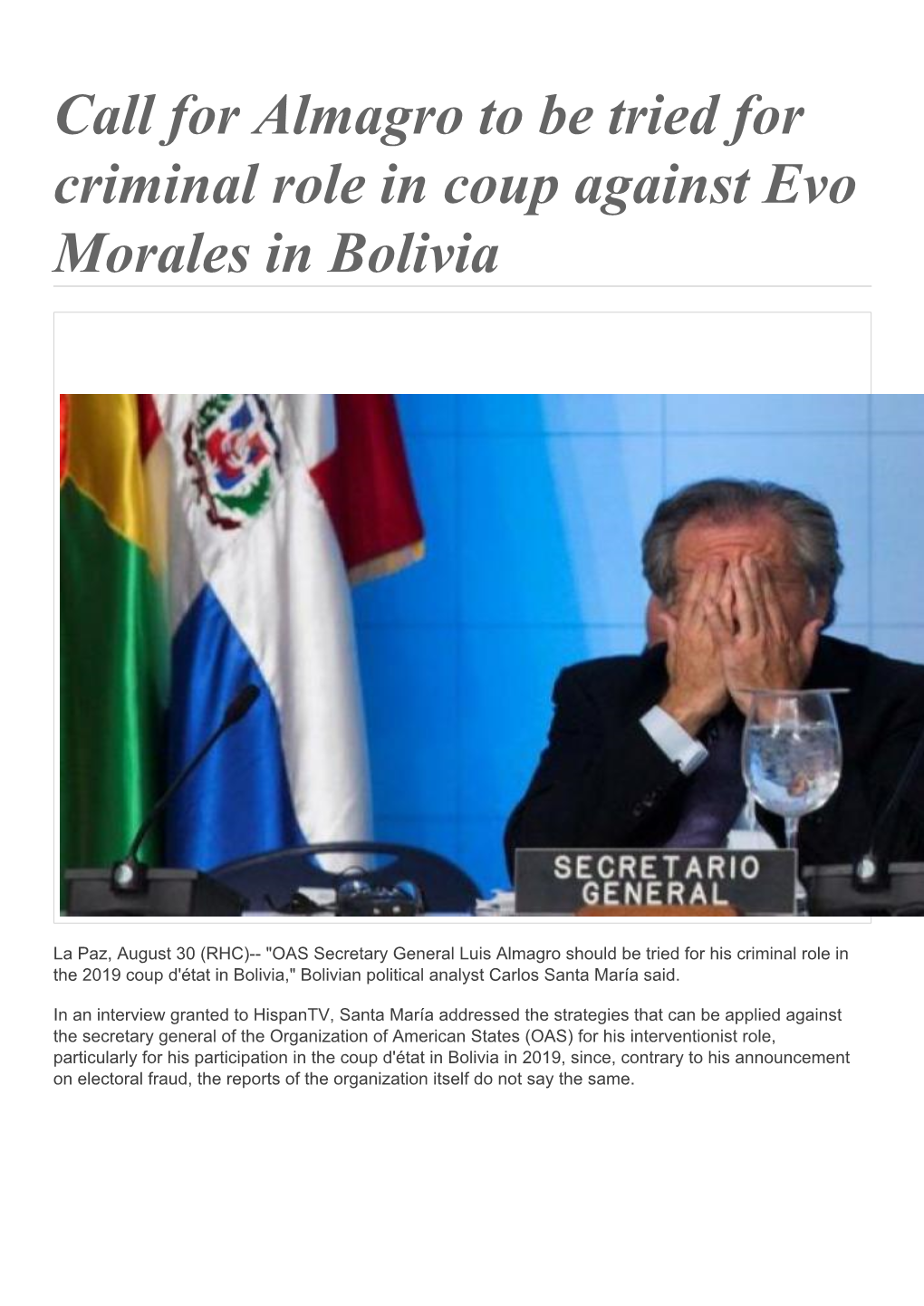 Call for Almagro to Be Tried for Criminal Role in Coup Against Evo Morales in Bolivia