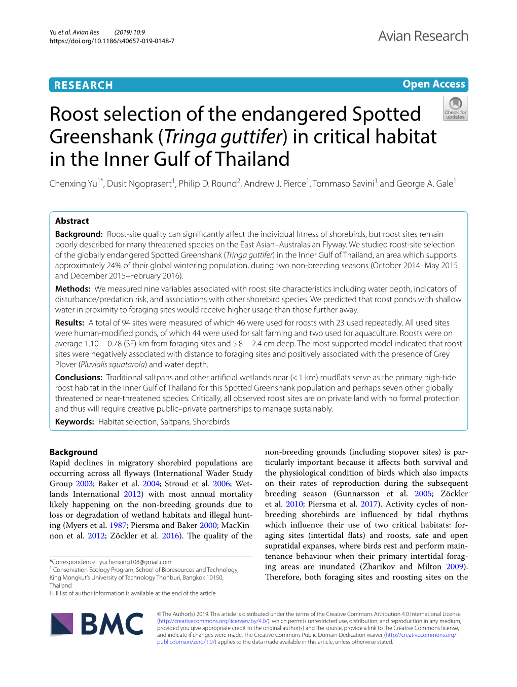 Roost Selection of the Endangered Spotted Greenshank (Tringa Guttifer) in Critical Habitat in the Inner Gulf of Thailand Chenxing Yu1*, Dusit Ngoprasert1, Philip D