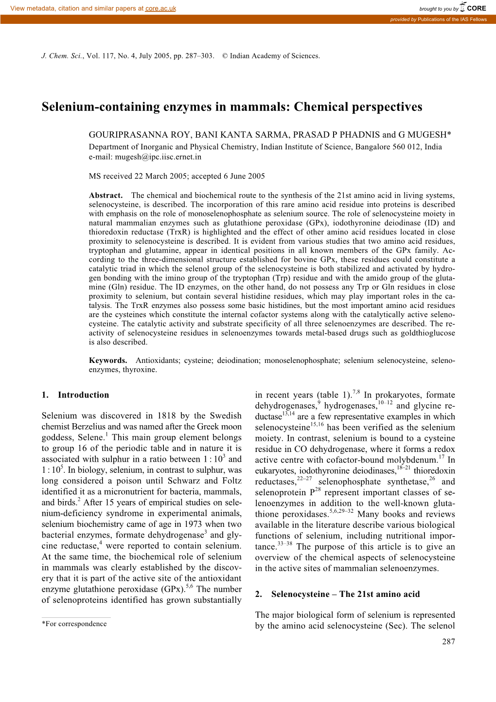 Selenium-Containing Enzymes in Mammals: Chemical Perspectives