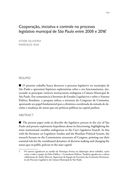 Cooperação, Iniciativa E Controle No Processo Legislativo Municipal De São Paulo Entre 2008 E 20161