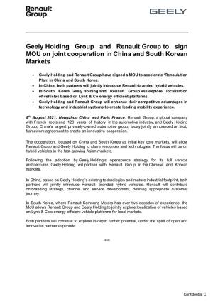 Geely Holding Group and Renault Group to Sign MOU on Joint Cooperation in China and South Korean Markets