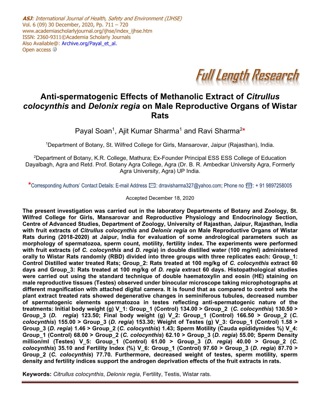 Anti-Spermatogenic Effects of Methanolic Extract of Citrullus Colocynthis and Delonix Regia on Male Reproductive Organs of Wistar Rats