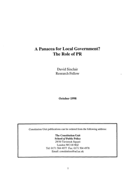 A Panacea for Local Government? the Role of PR
