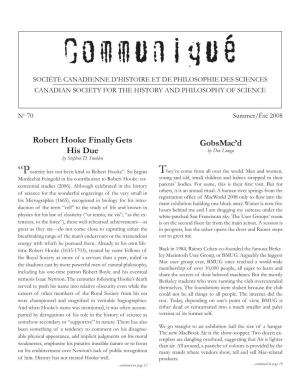 Communiqué SOCIÉTÉ CANADIENNE D’HISTOIRE ET DE PHILOSOPHIE DES SCIENCES CANADIAN SOCIETY for the HISTORY and PHILOSOPHY of SCIENCE
