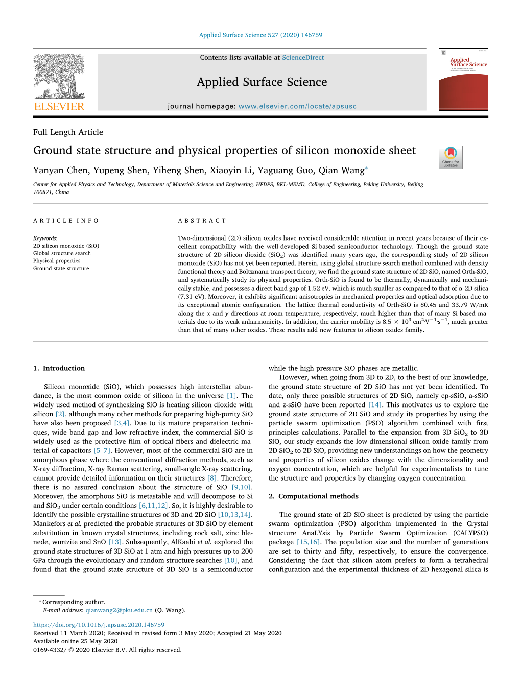 Ground State Structure and Physical Properties of Silicon Monoxide Sheet T ⁎ Yanyan Chen, Yupeng Shen, Yiheng Shen, Xiaoyin Li, Yaguang Guo, Qian Wang