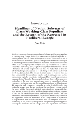 Introduction Headlines of Nation, Subtexts of Class: Working-Class Populism and the Return of the Repressed in Neoliberal Europe