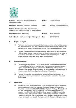 Subject: Heywood Station and the East Lancashire Railway Status