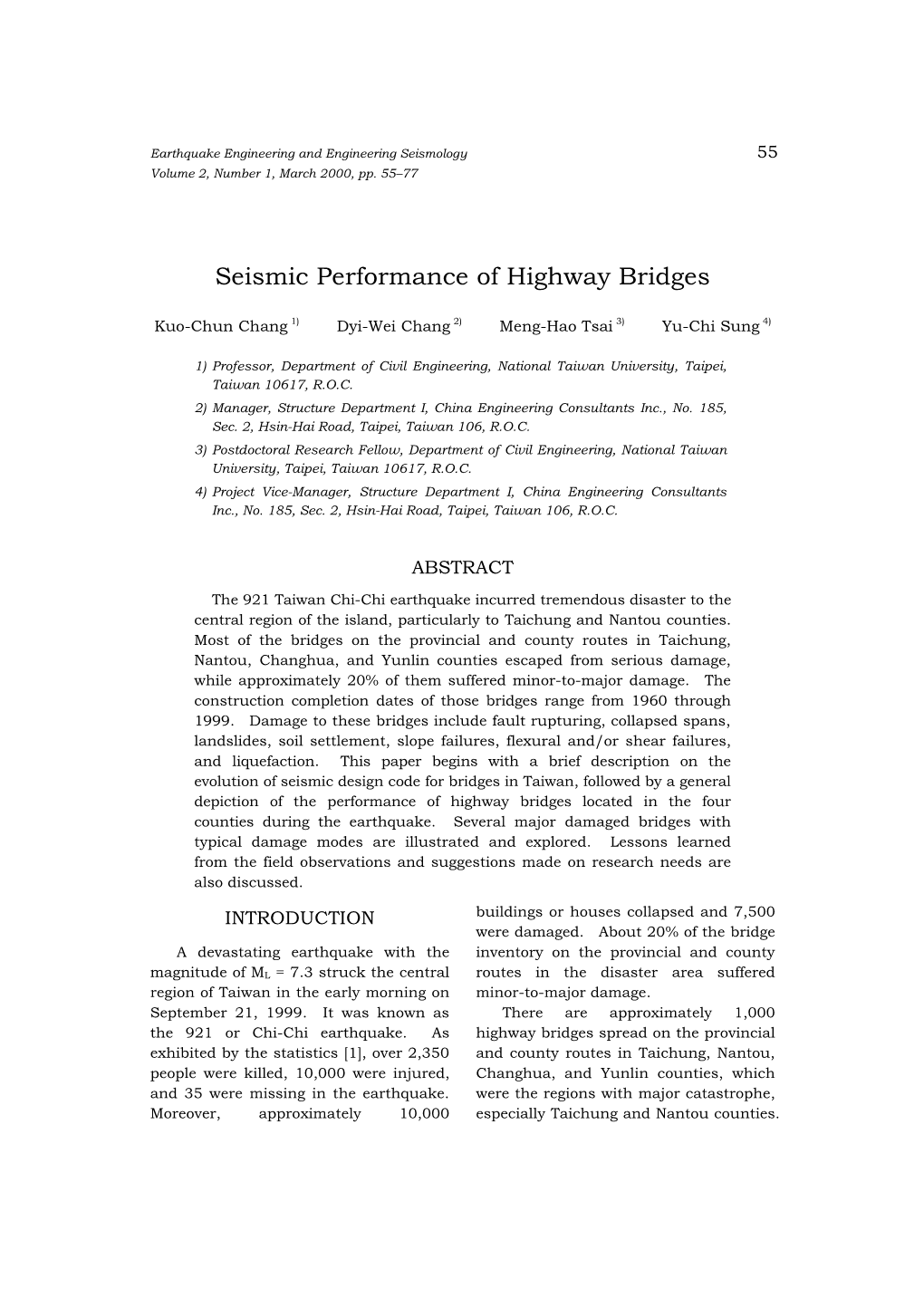 Seismic Performance of Highway Bridges 5555 Volume 2, Number 1, March 2000, Pp