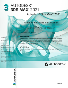 Autodesk 3Ds Max 2021 Graphic Card Certification Chart for Microsoft Windows Operating System