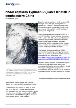 NASA Captures Typhoon Dujuan's Landfall in Southeastern China 29 September 2015