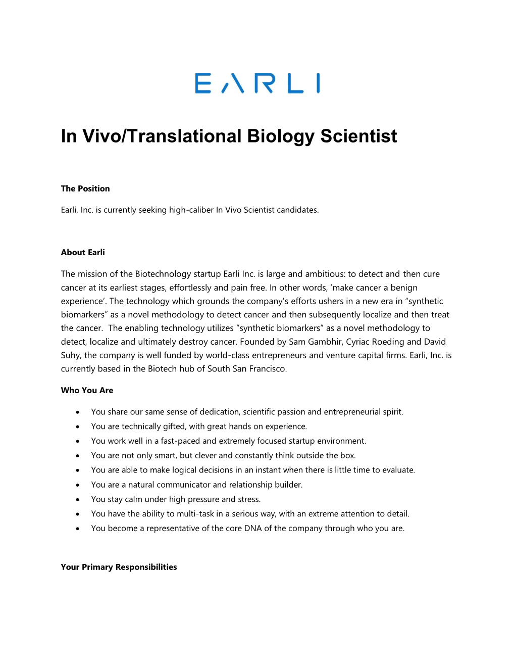 In Vivo/Translational Biology Scientist