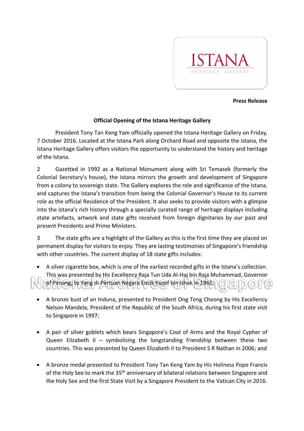 Press Release Official Opening of the Istana Heritage Gallery President