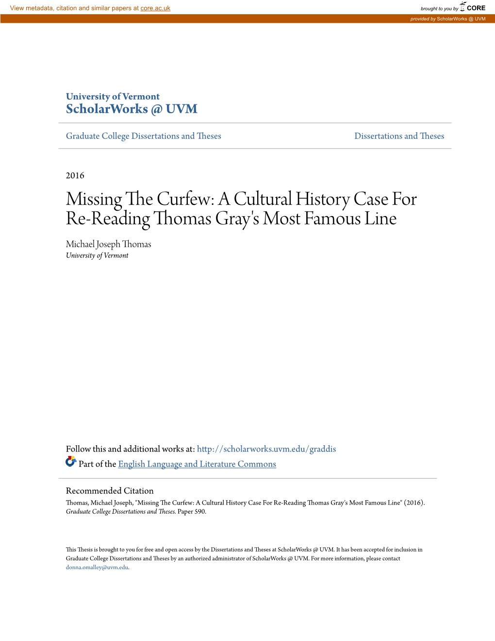 Missing the Curfew: a Cultural History Case for Re-Reading Thomas Gray’S Most Famous Line