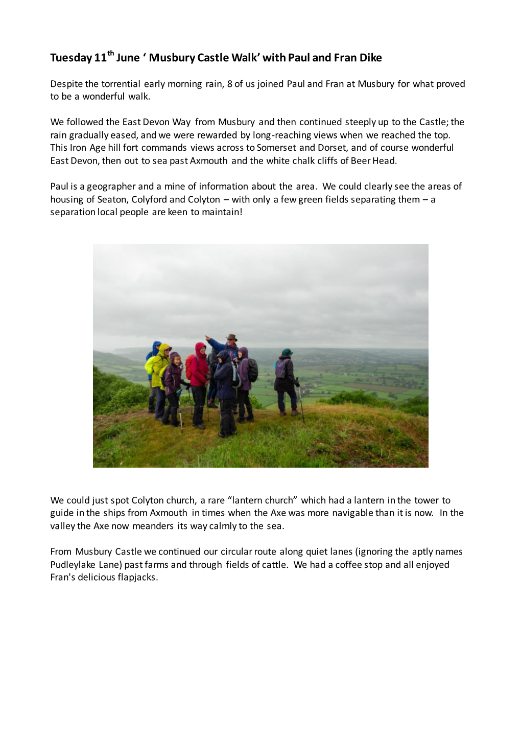 Tuesday 11 June ' Musbury Castle Walk' with Paul and Fran Dike