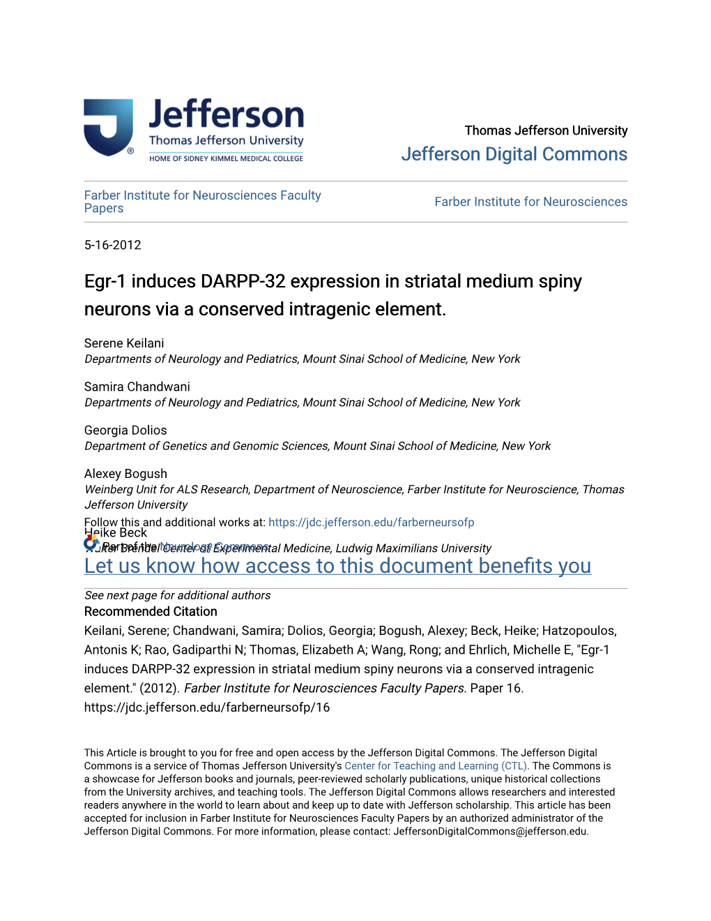 Egr-1 Induces DARPP-32 Expression in Striatal Medium Spiny Neurons Via a Conserved Intragenic Element