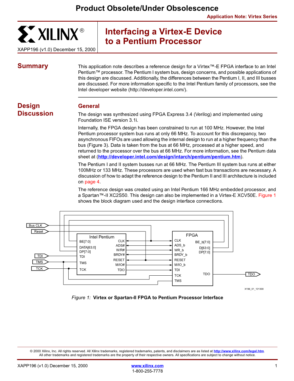 XAPP196 "Interfacing a Virtex-E Device to a Pentium Processor" V1.0