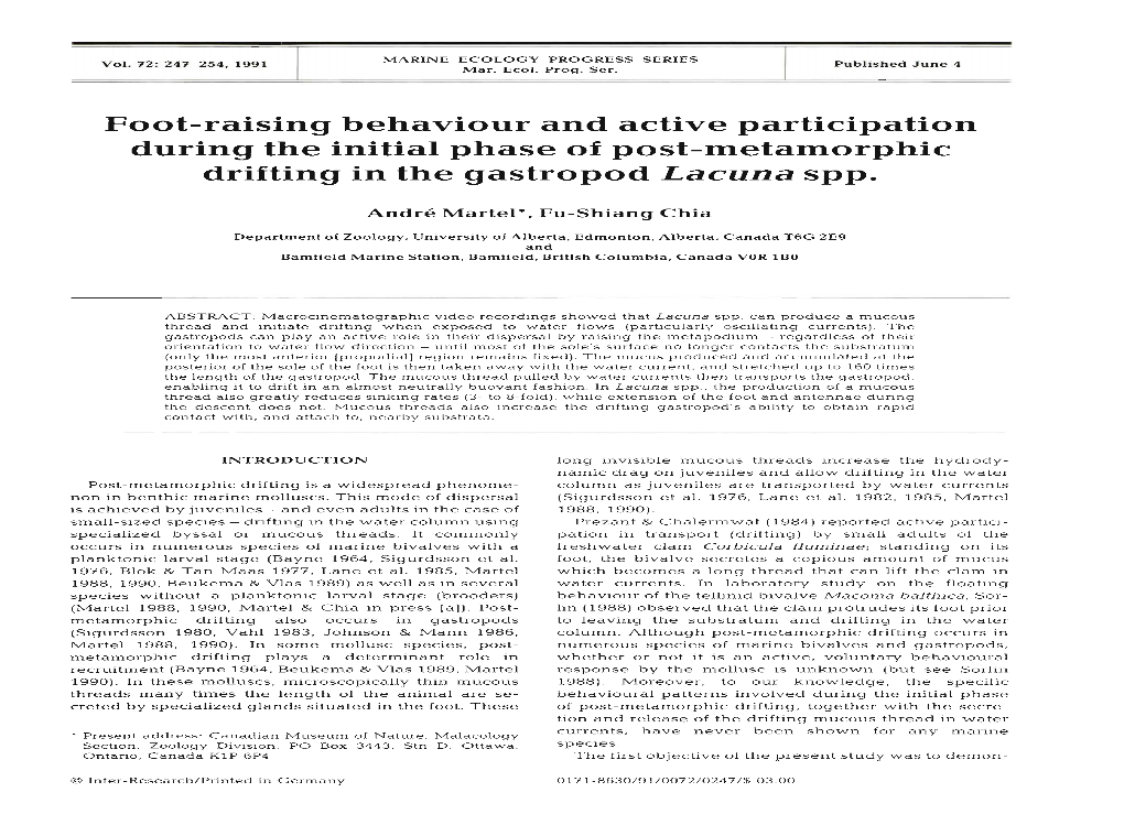 Foot-Raising Behaviour and Active Participation During the Initial Phase of Post-Metamorphic Drifting in the Gastropod Lacuna Spp