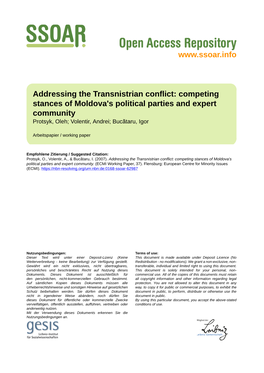 Addressing the Transnistrian Conflict: Competing Stances of Moldova's Political Parties and Expert Community Protsyk, Oleh; Volentir, Andrei; Bucãtaru, Igor