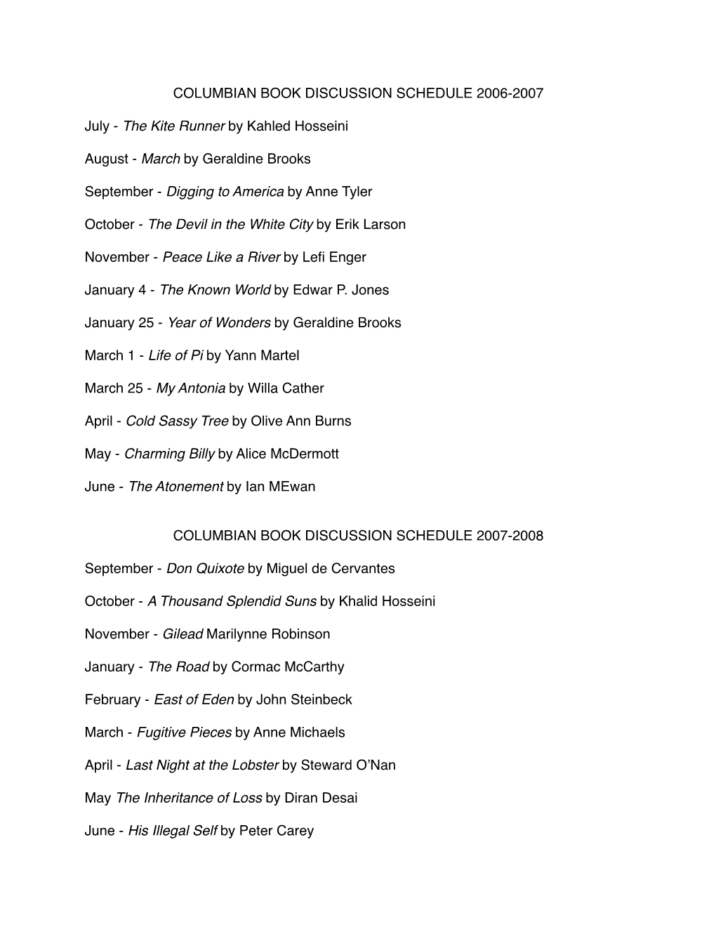 Book Discussion Schedules 2007