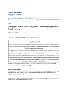 Demographic Shifts in Noisy Miner (Manorina Melanocephala) Populations Following Removal