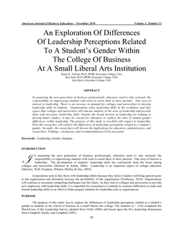 An Exploration of Differences of Leadership Perceptions Related to a Student's Gender Within the College of Business at a Smal