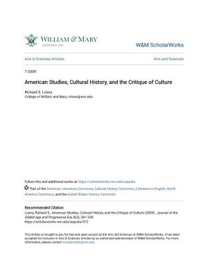 American Studies, Cultural History, and the Critique of Culture