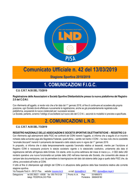 Comunicato Ufficiale N. 42 Del 13/03/2019