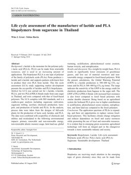 Life Cycle Assessment of the Manufacture of Lactide and PLA Biopolymers from Sugarcane in Thailand