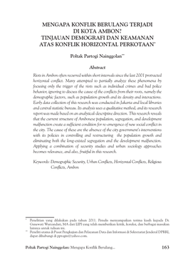 Mengapa Konflik Berulang Terjadi Di Kota Ambon? Tinjauan Demografi Dan Keamanan Atas Konflik Horizontal Perkotaan*