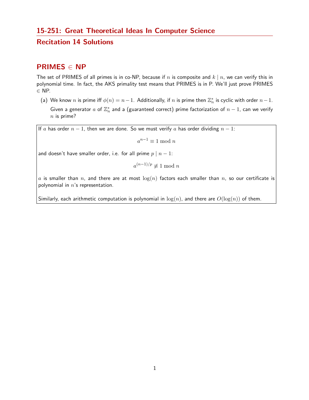 15-251: Great Theoretical Ideas in Computer Science Recitation 14 Solutions PRIMES ∈ NP