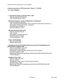 Literaturverzeichnis OFB Asendorf, Stand 17.8.2020 Von Uwe Segelke