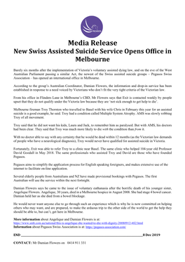 Media Release New Swiss Assisted Suicide Service Opens Office in Melbourne