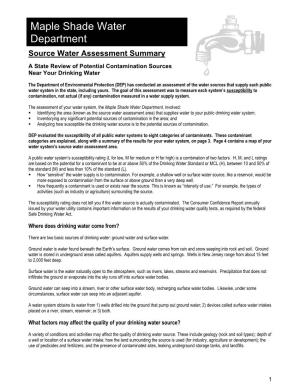 Maple Shade Water Department Source Water Assessment Summary