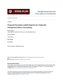 Proposed Secondary Liability Regimes for Trademark Infringement Online: Commentary