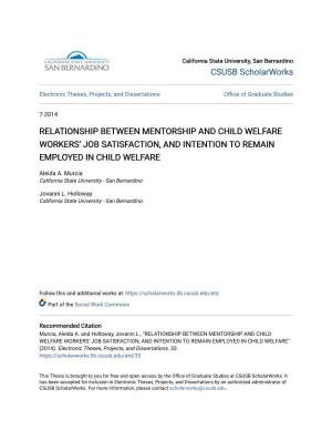 Relationship Between Mentorship and Child Welfare Workers’ Job Satisfaction, and Intention to Remain Employed in Child Welfare