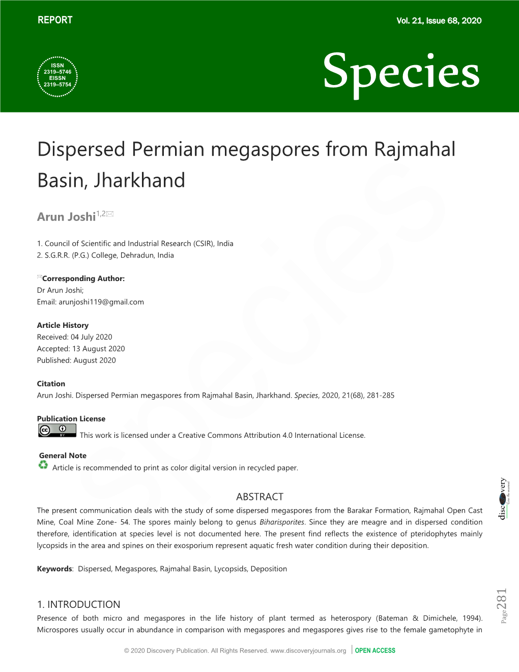 Dispersed Permian Megaspores from Rajmahal Basin, Jharkhand